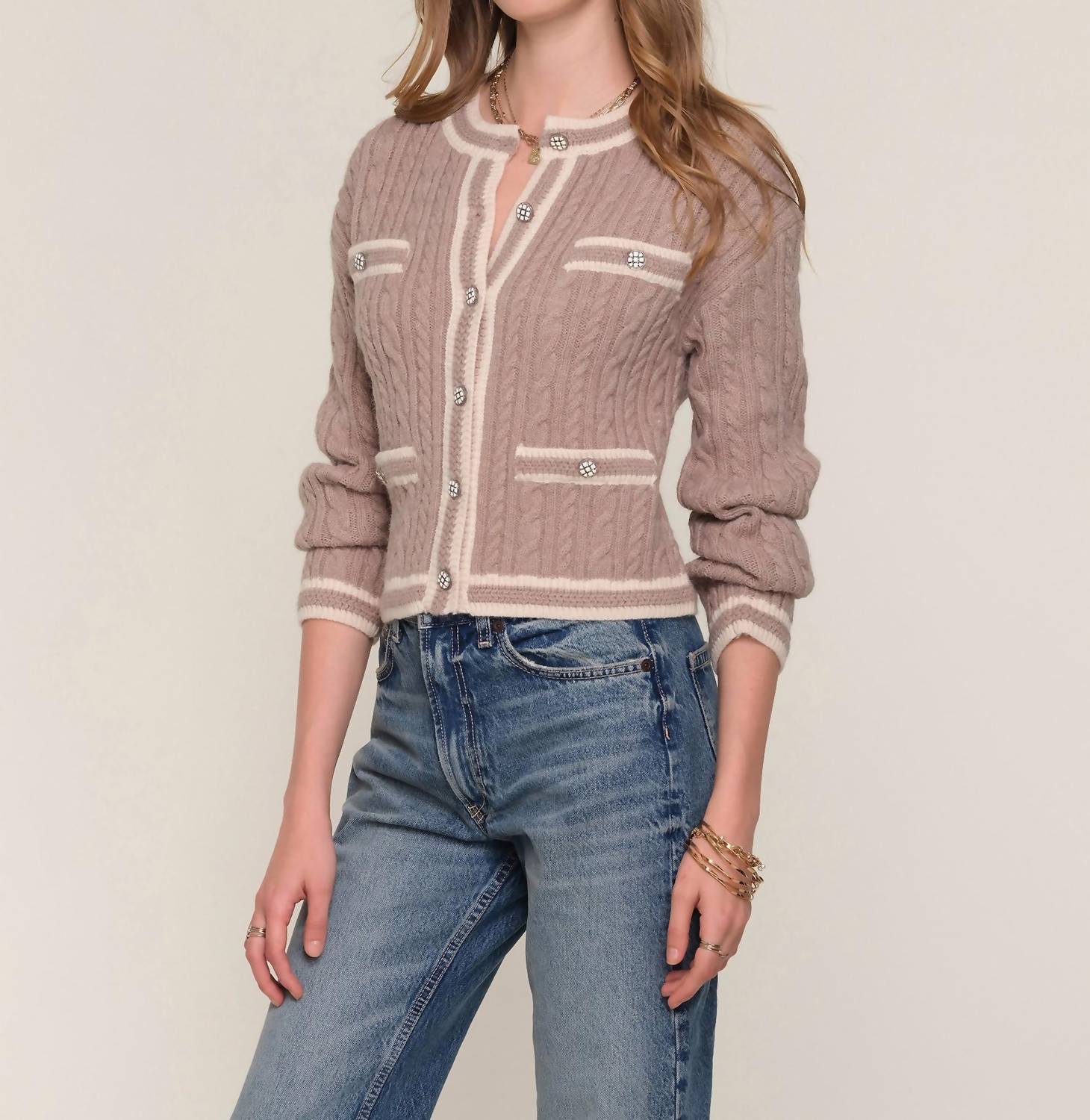 heartloom Yara Crew Neck Cardigan in sand - women's cardigan - alternate view