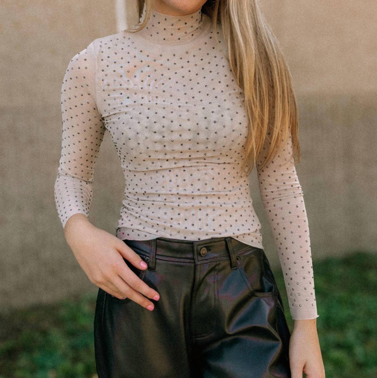 Skies Are Blue - Studs And The City Mesh Turtleneck Top