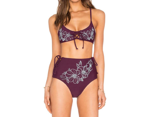 REHA LACE UP FRONT EMBROIDERED BIKINI TOP