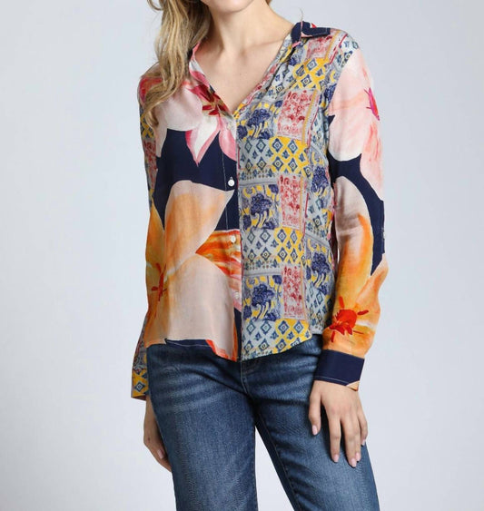 Apny - Mixed Media Floral Patchwork Button Up Blosue