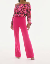 Joseph Ribkoff Senna Satin Floral Print Off Shoulder Top in pink purple black - women's blouse - view 4