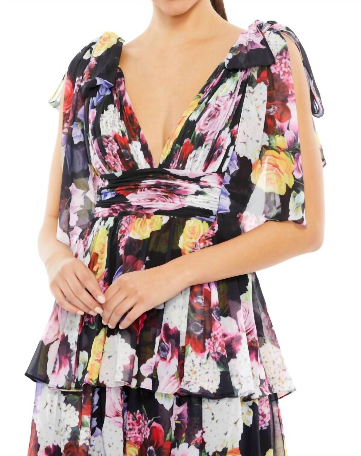 Ieena For Mac Duggal - Floral Bow Strap V-neck Mini Dress