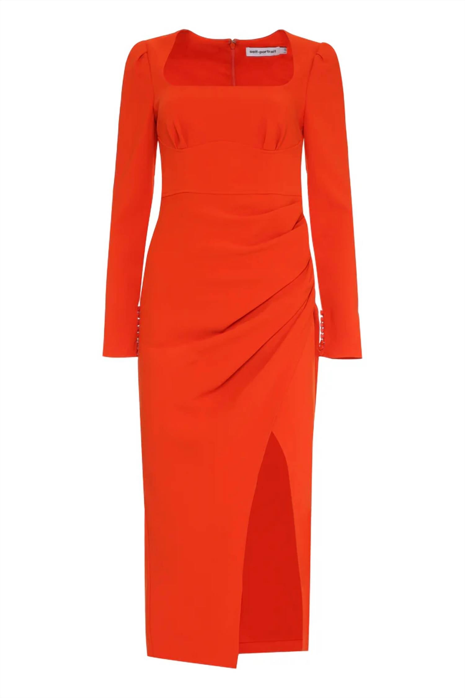 self-portrait Crepe Ruched Midi Dress in orange - women's dress - view 4