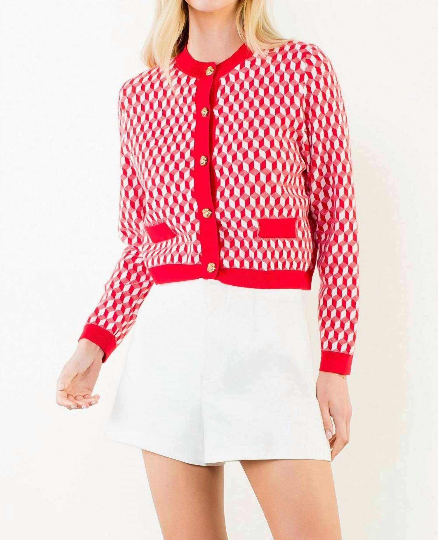THML Long Sleeve Geometric Print Cardigan in red - women's cardigan