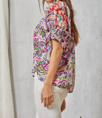 Savanna Jane - Floral Embroidery Paisley Print Blouse