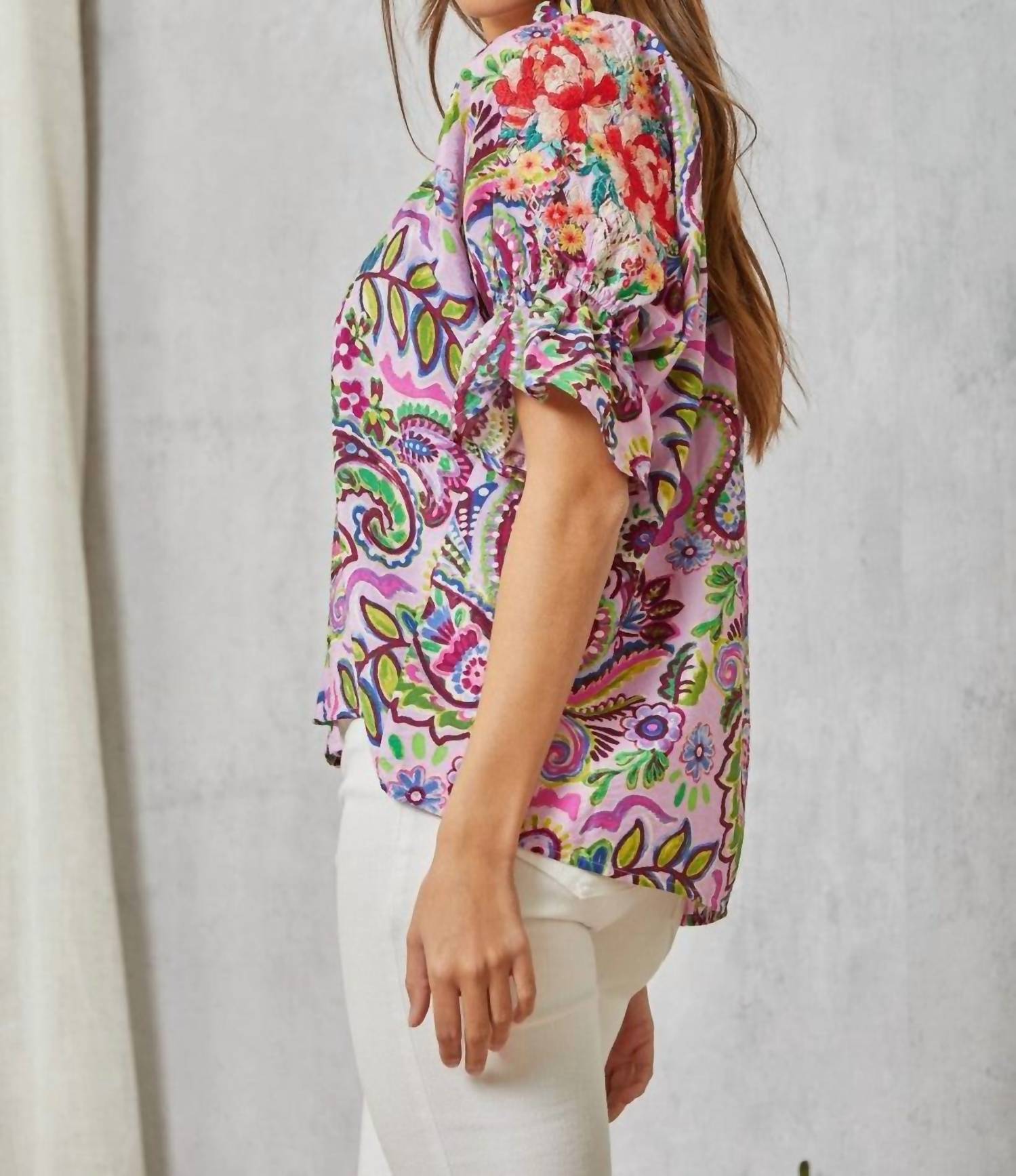 Savanna Jane - Floral Embroidery Paisley Print Blouse