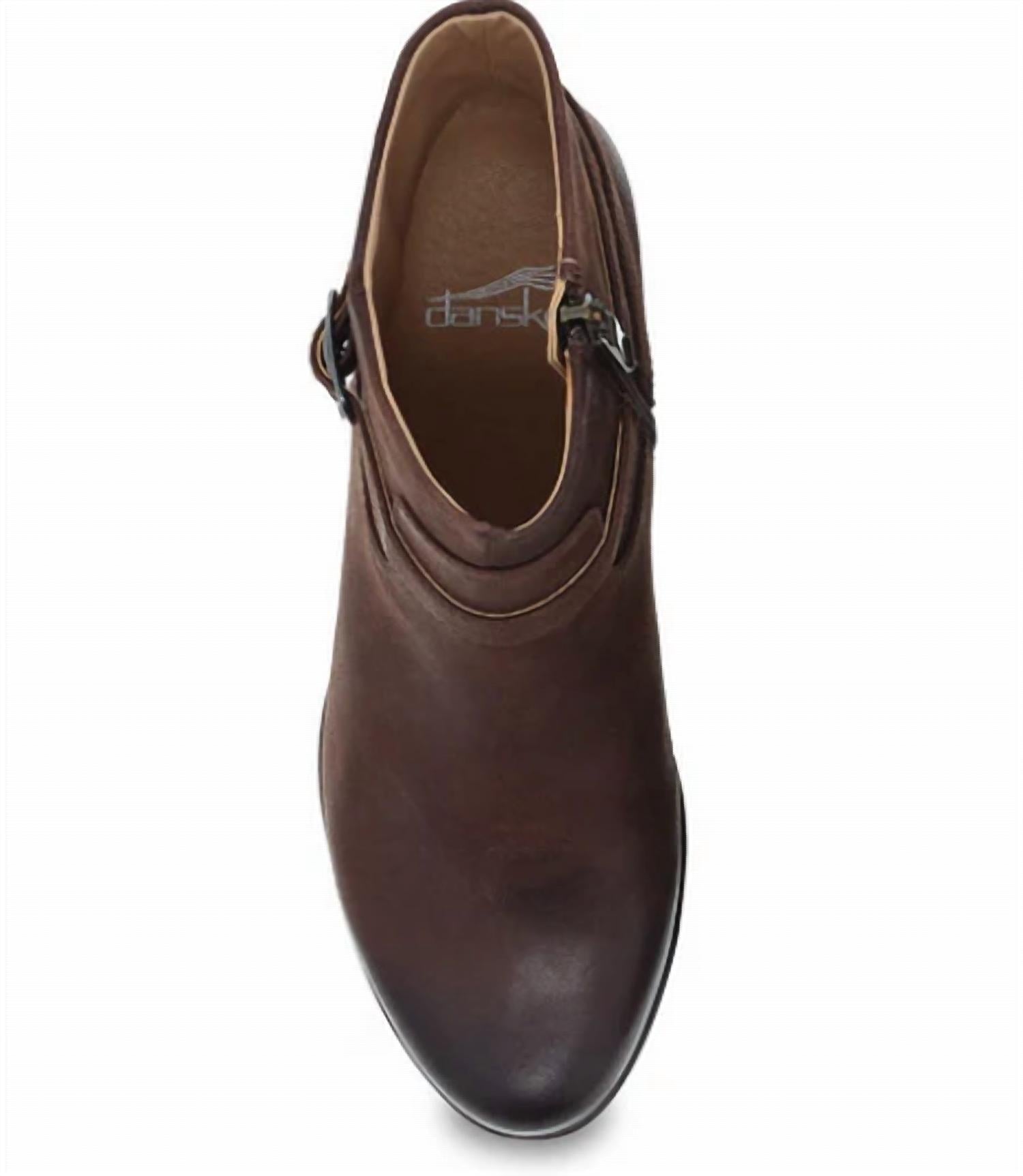 dansko Women's Cagney Boot in burnished suede brown - women's shoe - detail view