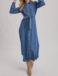 Bluivy - Denim Button Down Belted Shirt A-line Maxi Dress