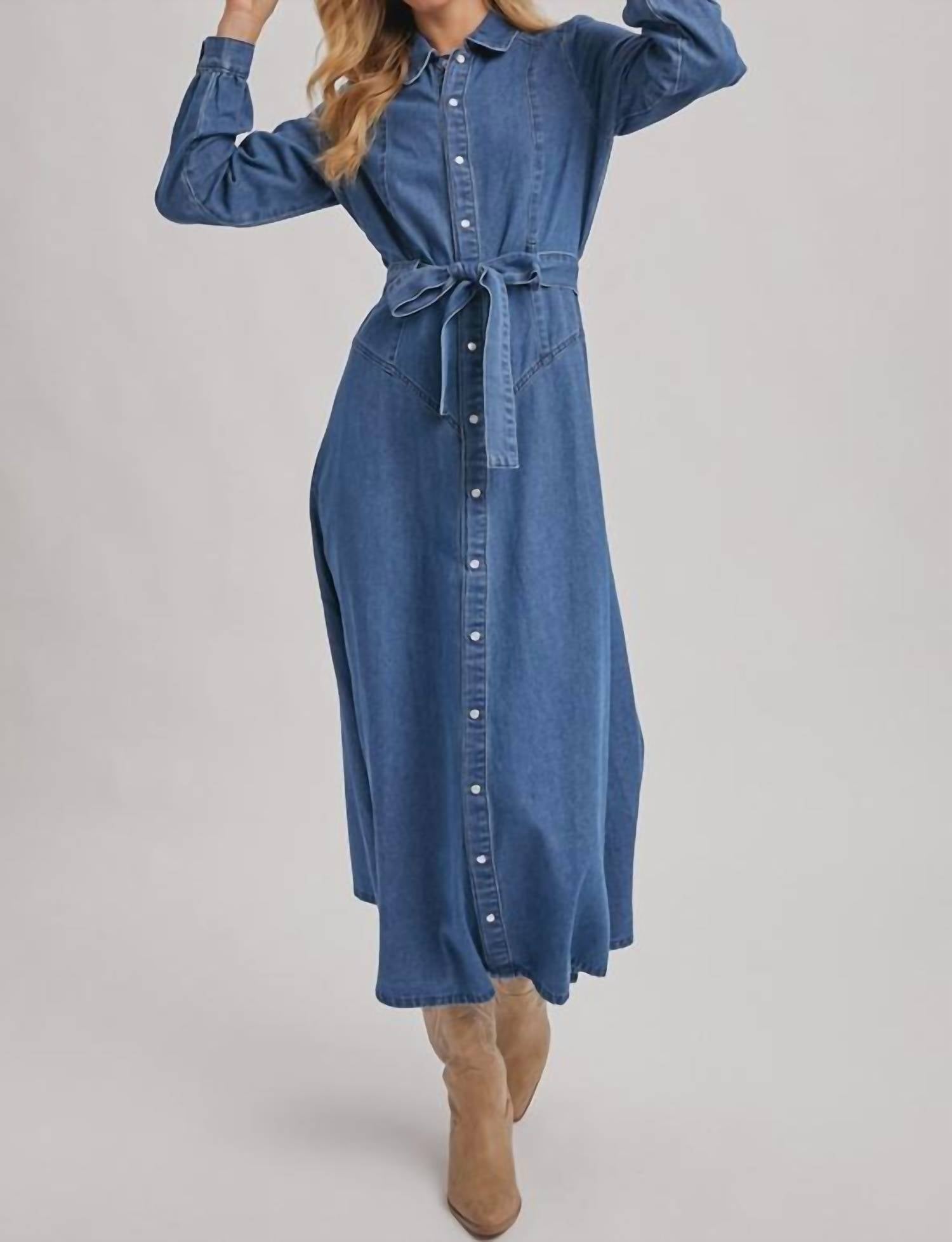Bluivy - Denim Button Down Belted Shirt A-line Maxi Dress