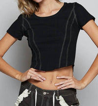 Pol - Contrast Stitching Round Neck Crop T-shirt