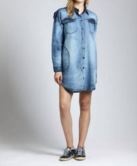 APNY Acid Wash Denim Snap Up Shirt Dress in indigo - women's dress - alternate view