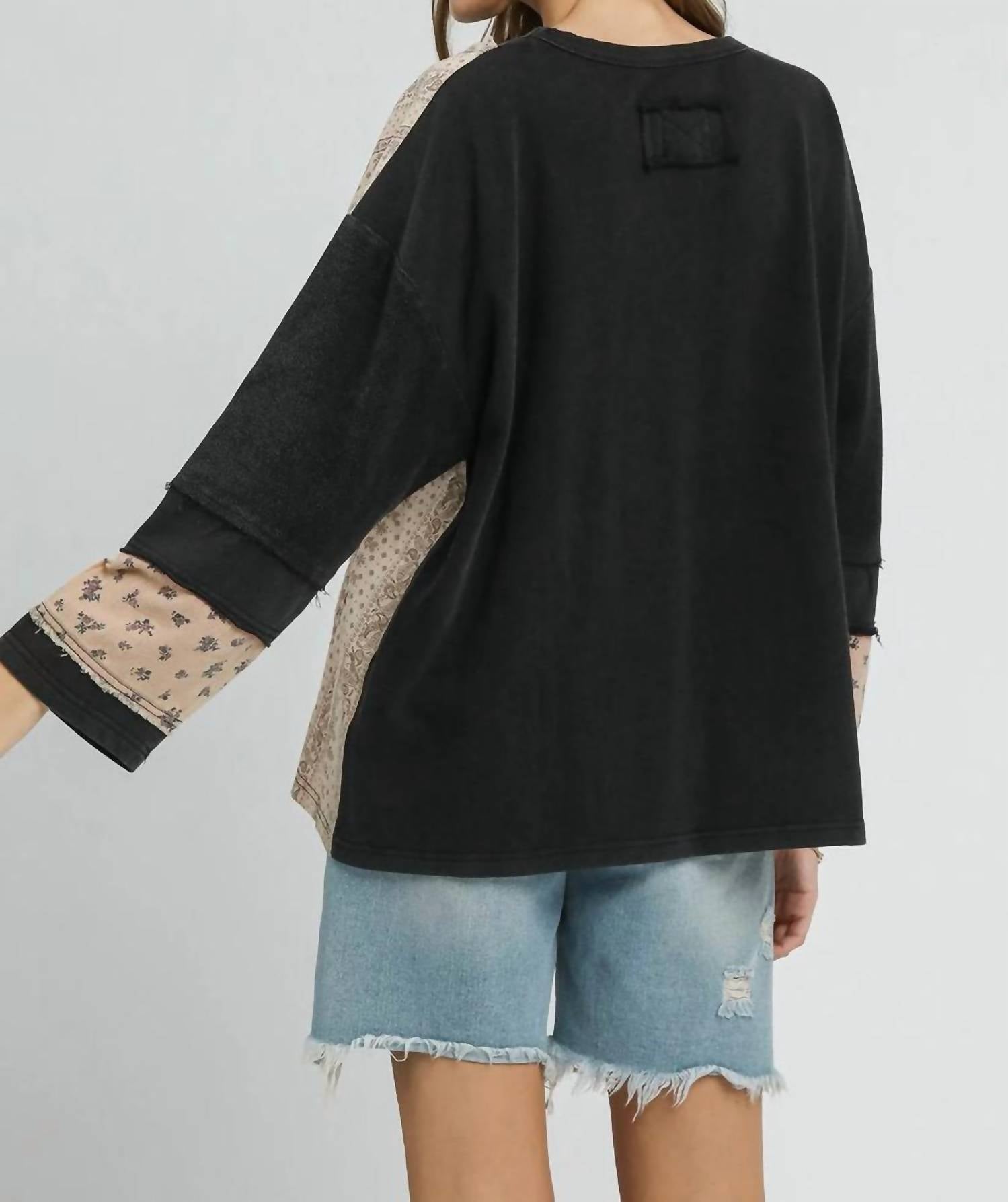 Umgee - French Terry Patchwork Pullover Sweatshirt