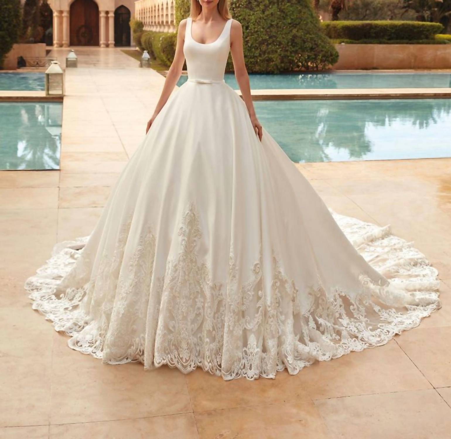 Demetrios - Satin Scoop Neck Gown
