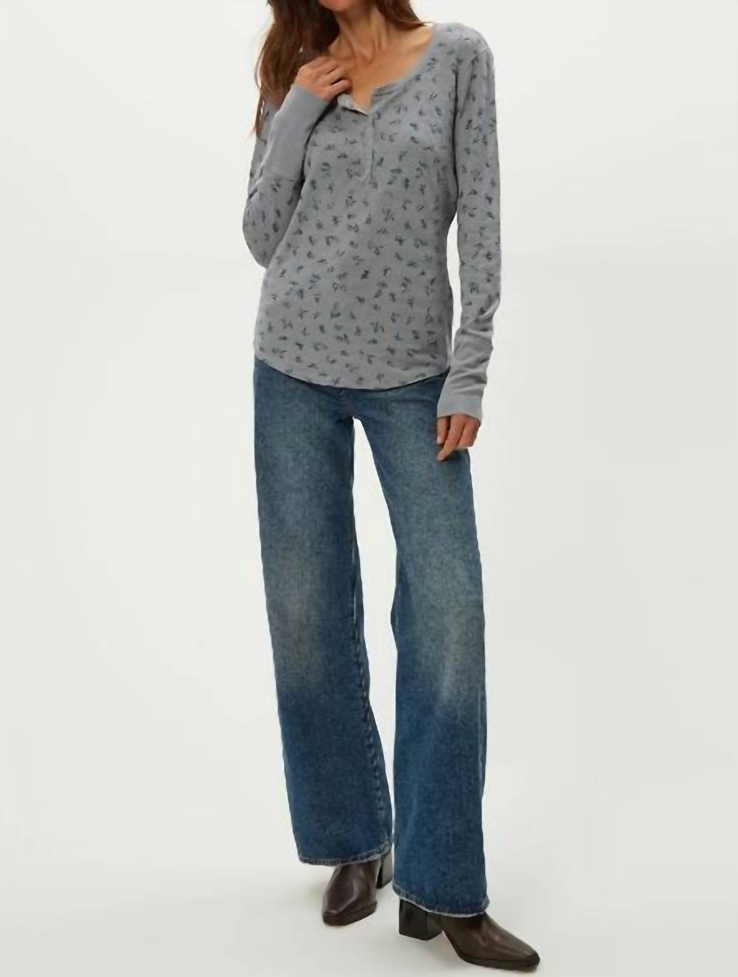 Michael Stars Regan Floral Thermal Henley Tee in sterling - women's long sleeve top