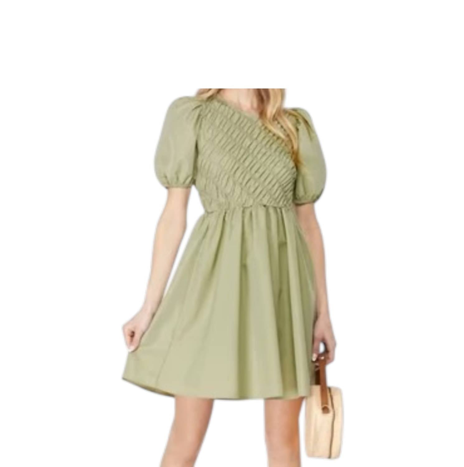 SHE + SKY Puff Sleeve Smock Dress in light olive - women's dress