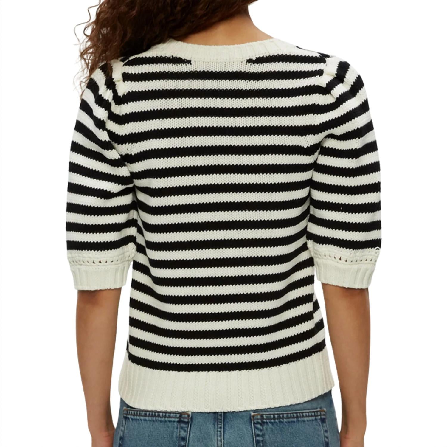 Michael Stars Women's Rosanna Striped Puff Sleeve Sweater in black - women's sweater - detail view
