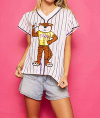 QUEEN OF SPARKLES Licensed Lsu Tiger Jersey Tee in white purple stripe - women's t-shirt
