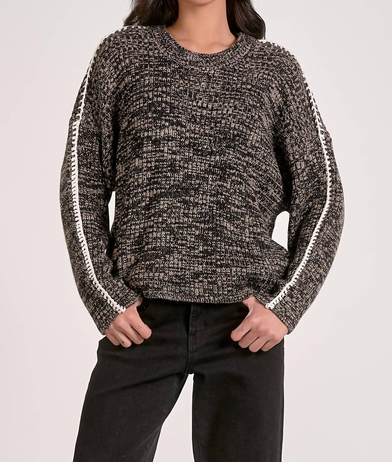 ELAN Crewneck Blanket Sweater in black white - women's sweater