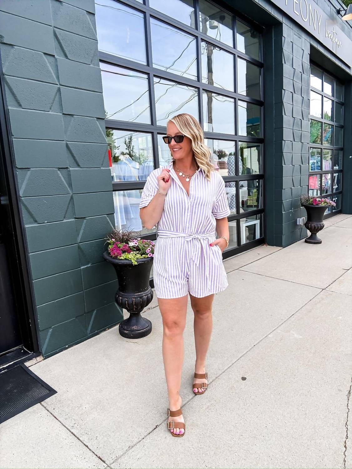 She + Sky - Melissa Button Front Stripe Romper