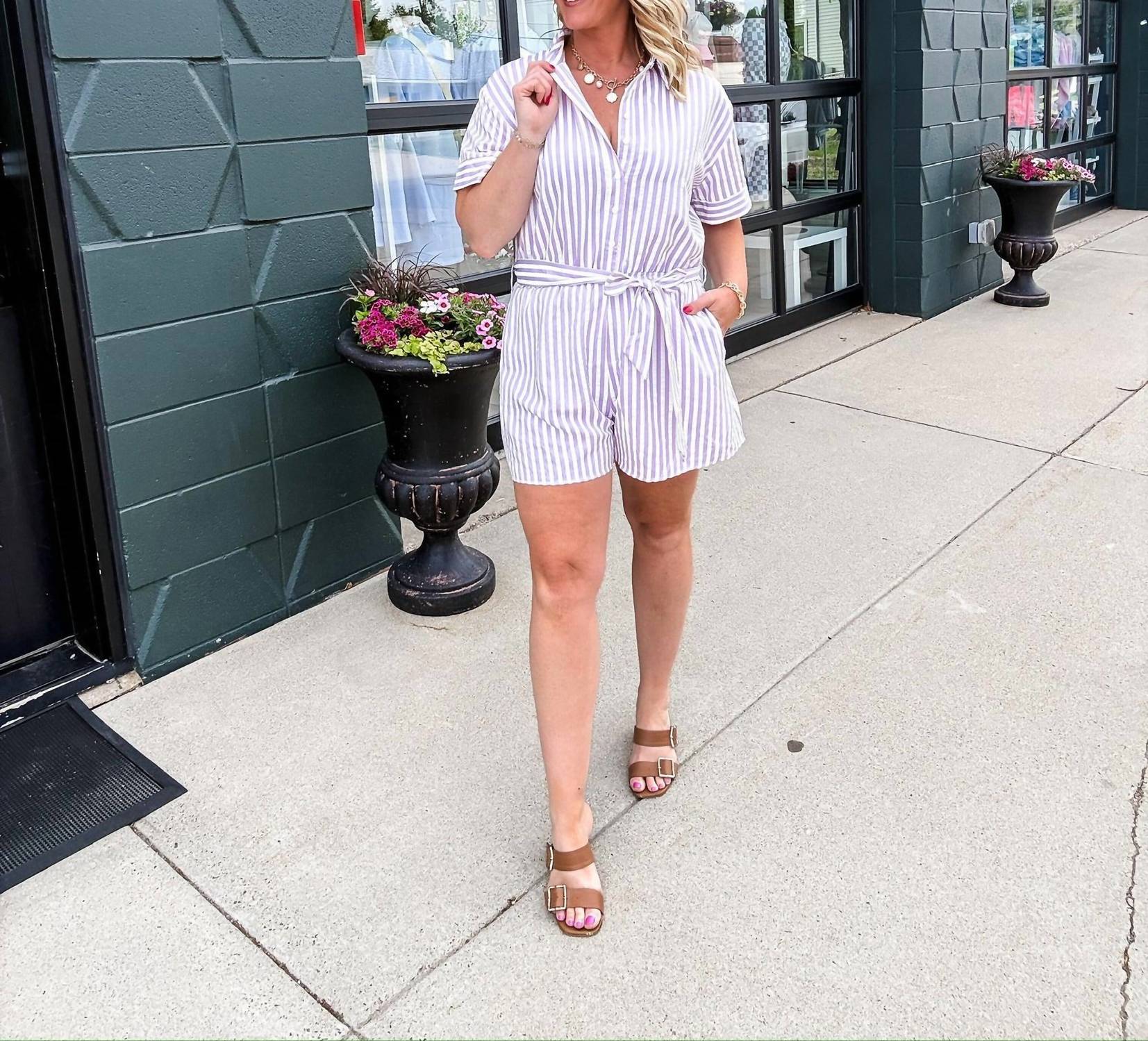 She + Sky - Melissa Button Front Stripe Romper