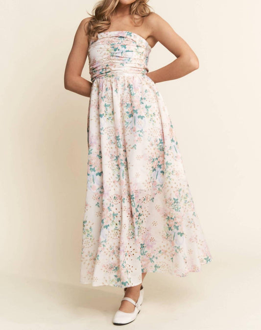 J.Nna - Floral Eyelet Ruched Strapless Midi Dress