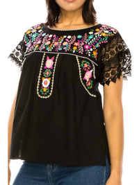 Unik Embroidered Mexican Lace Sleeve Blouse in black - women's blouse - detail view