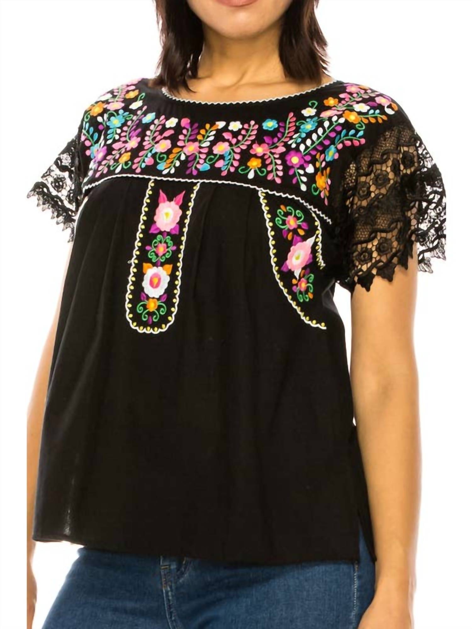 Unik Embroidered Mexican Lace Sleeve Blouse in black - women's blouse - detail view