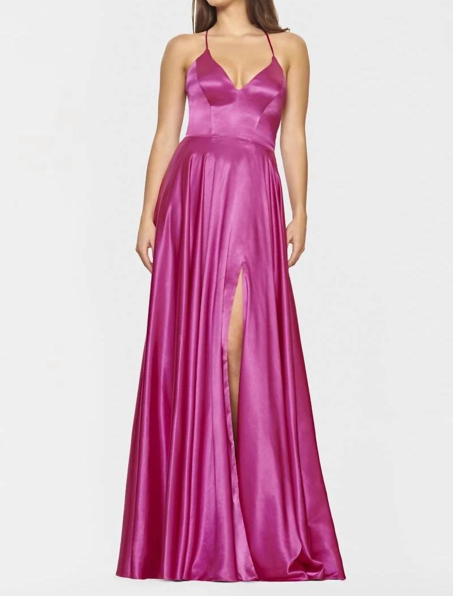 Faviana - Charmeuse V-Neck Dress with Lace Up Back