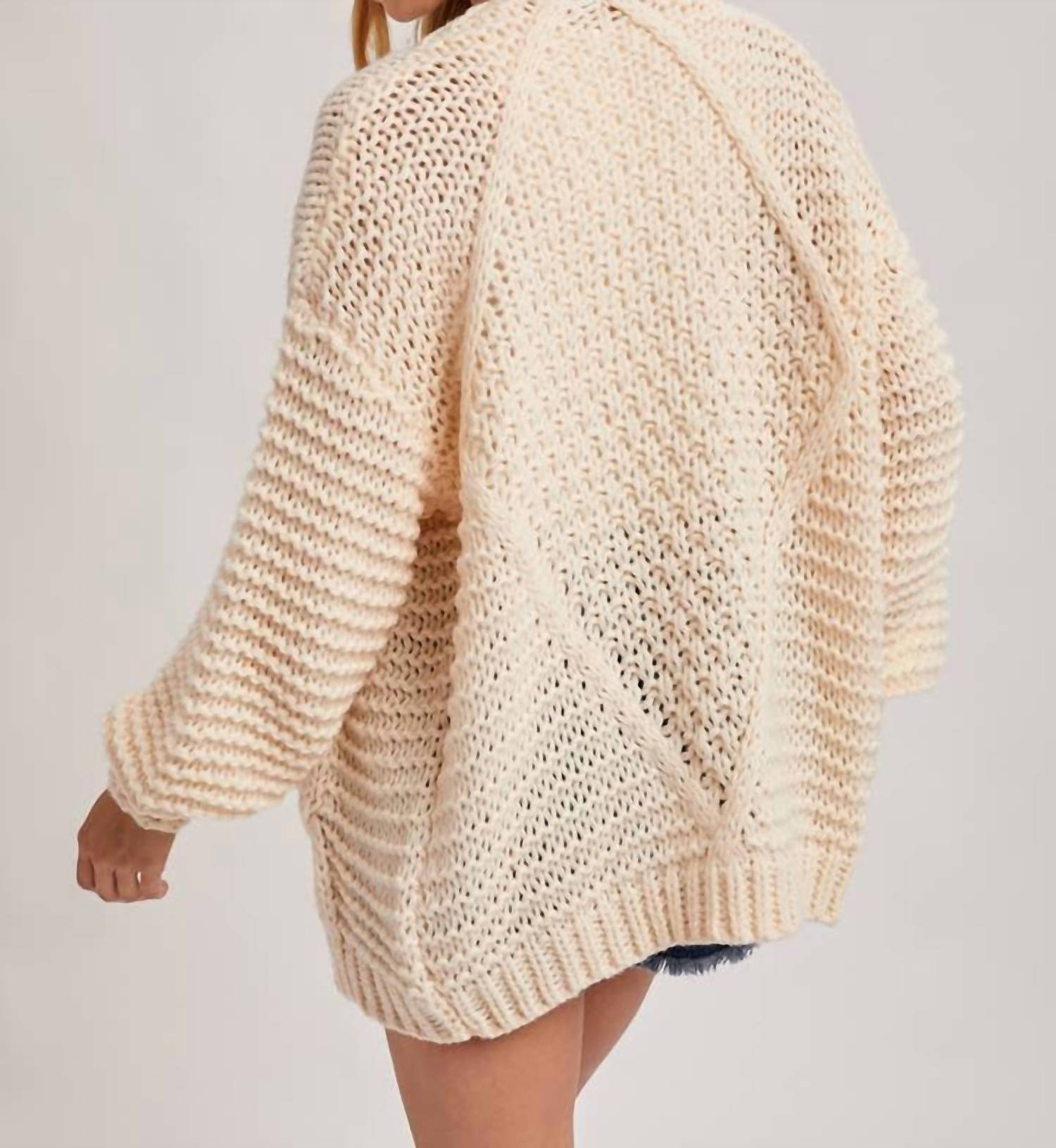 BluIvy Chunky Cable Knit Sweater Cardigan in cream - women's sweater - detail view