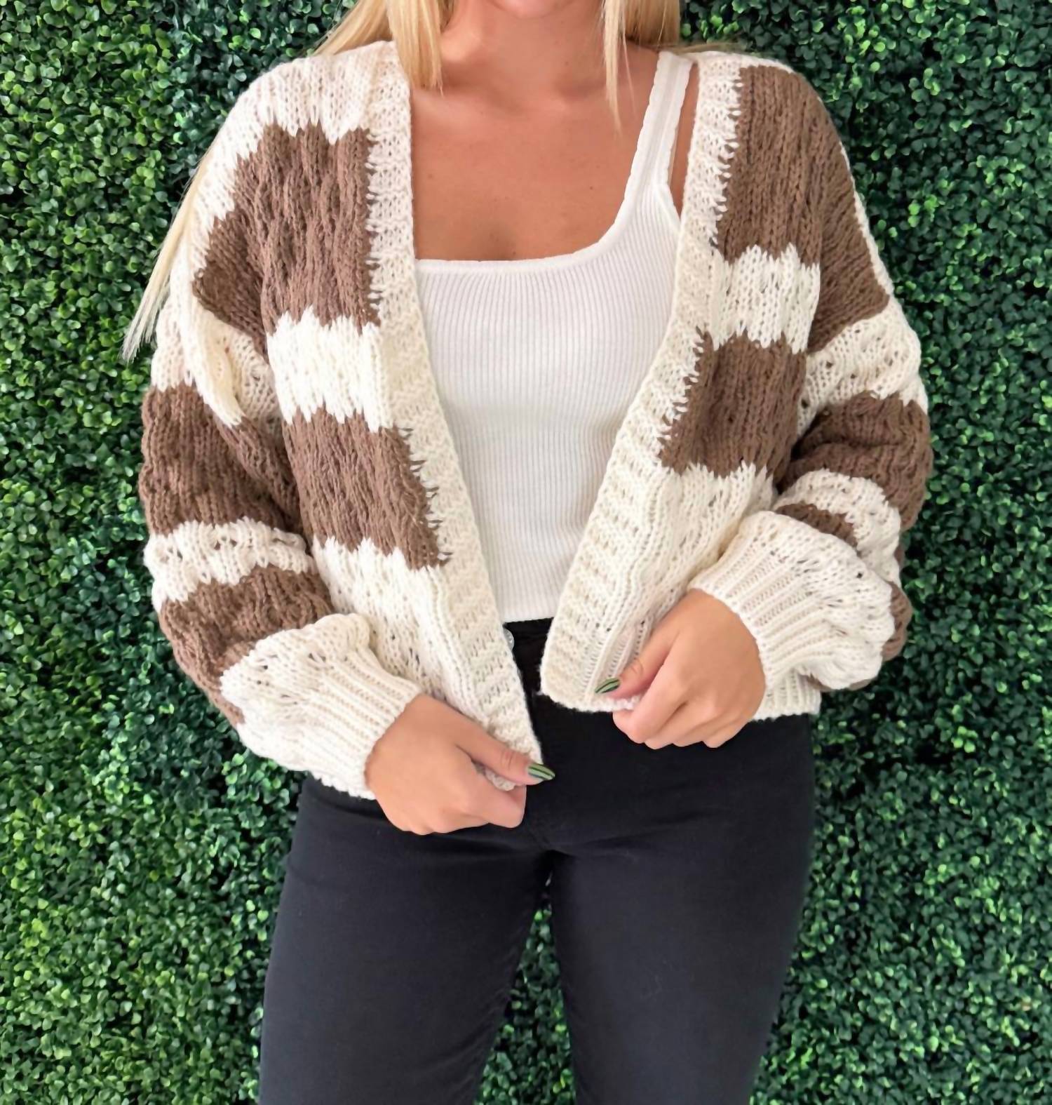 WISHLIST Textured Striped Sweater Cardigan in cream choco - women's cardigan