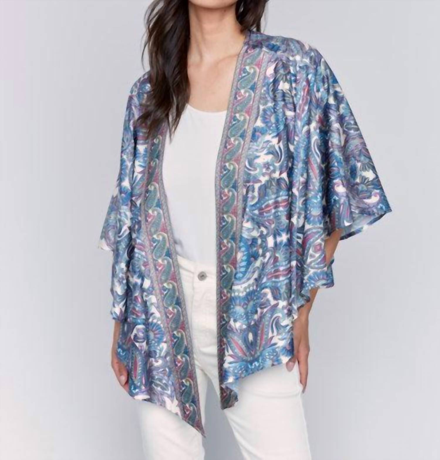 CHARLIE B Satin Kimono in blue - women's sweater