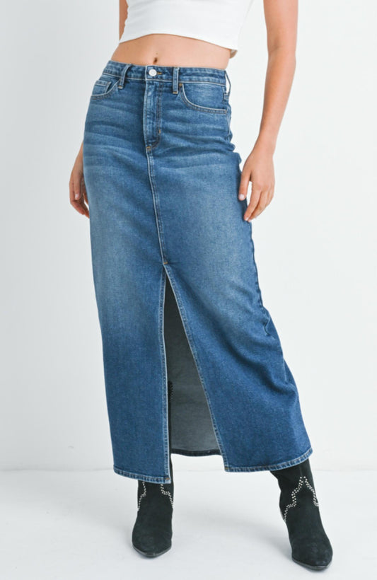 Just Black Denim - High Waisted Front Slit Denim Midi Skirt