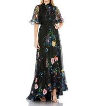 MAC DUGGAL Ruffle Neck Floral Print Dress in black multi - women's dress