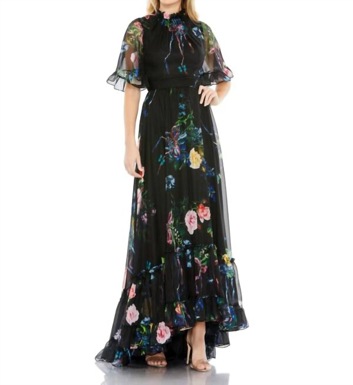 MAC DUGGAL Ruffle Neck Floral Print Dress in black multi - women's dress