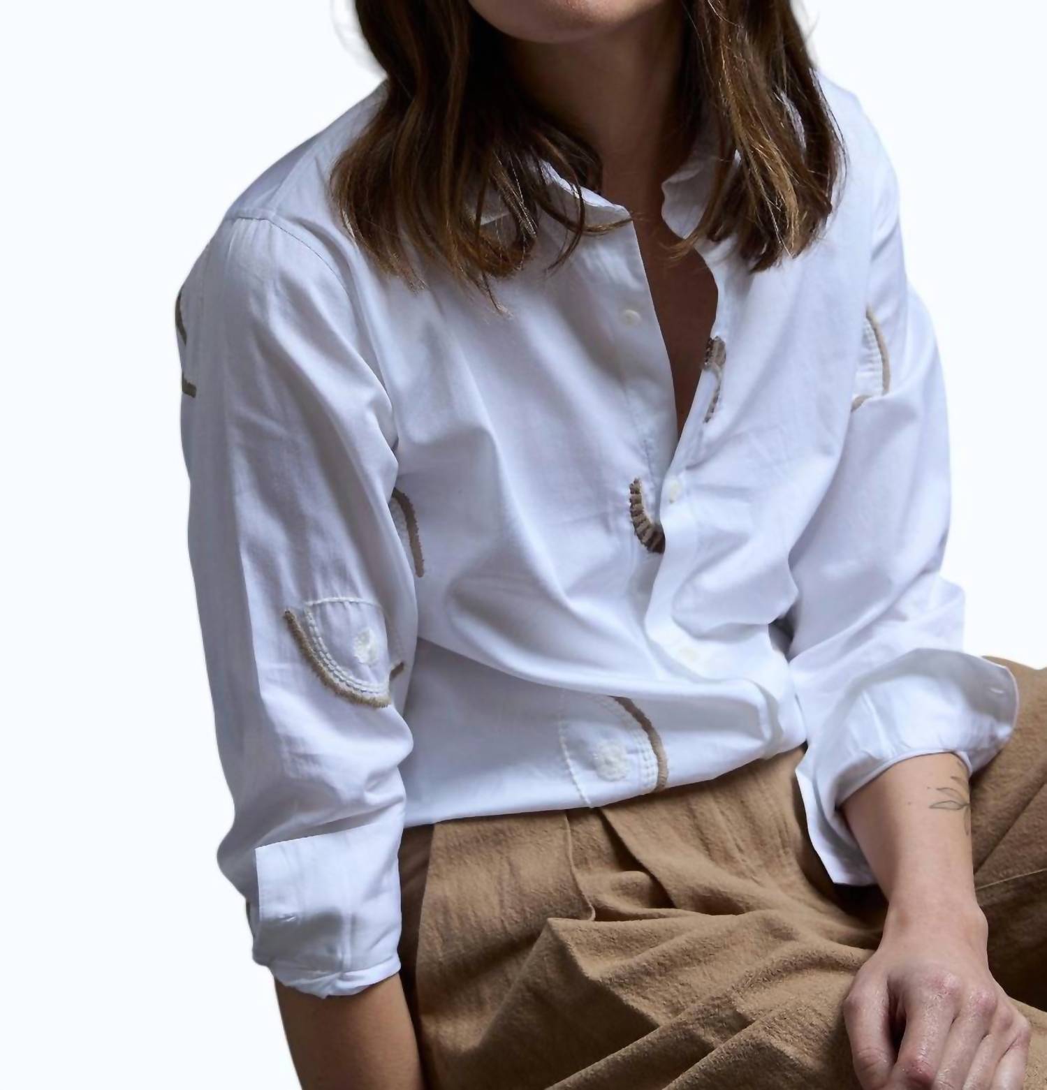 Purple Maroon Gathered Embroidered Shirt in white - women's shirt - detail view