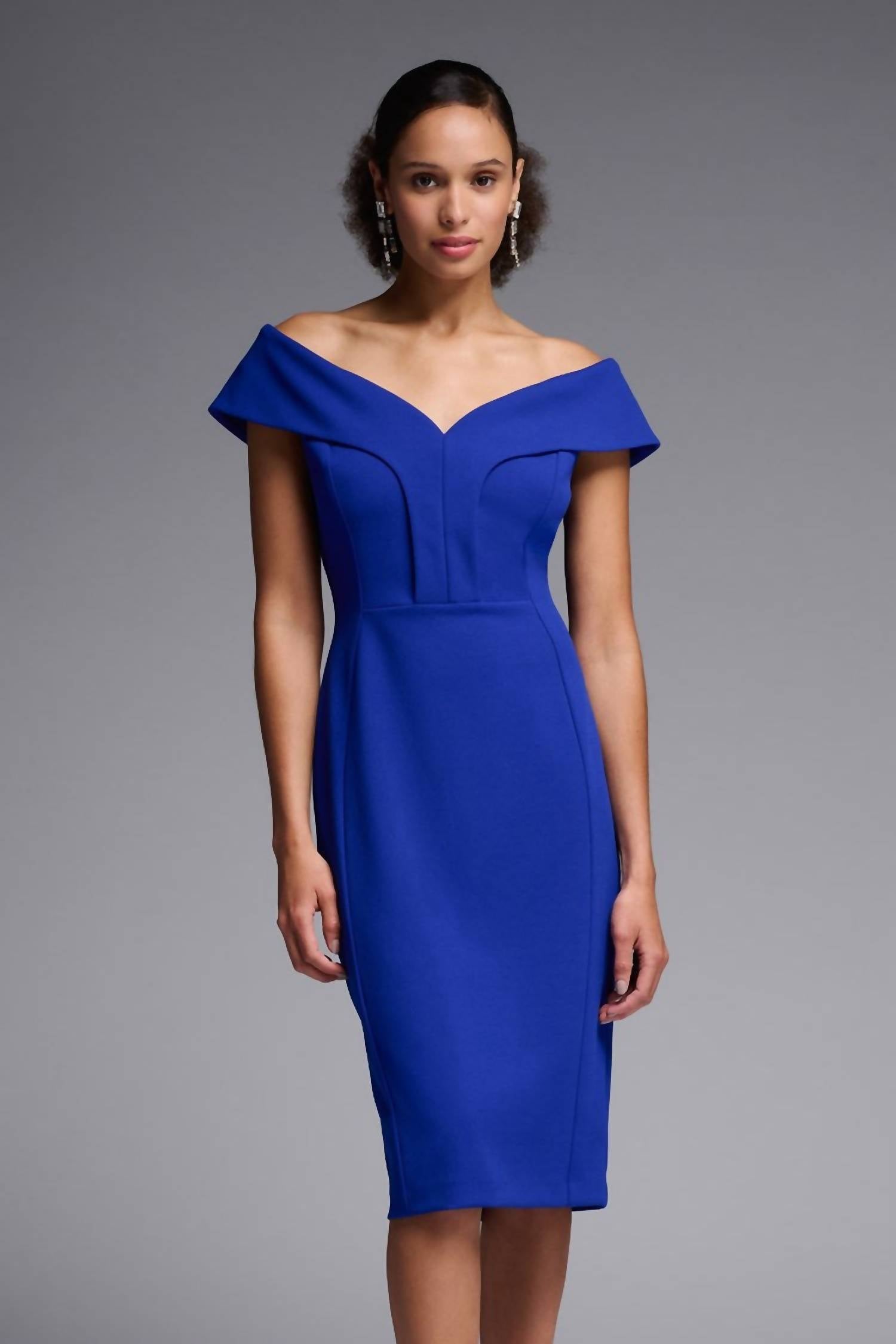 Joseph Ribkoff - Off-the-shoulder Scuba Crepe Sheath Midi Dress