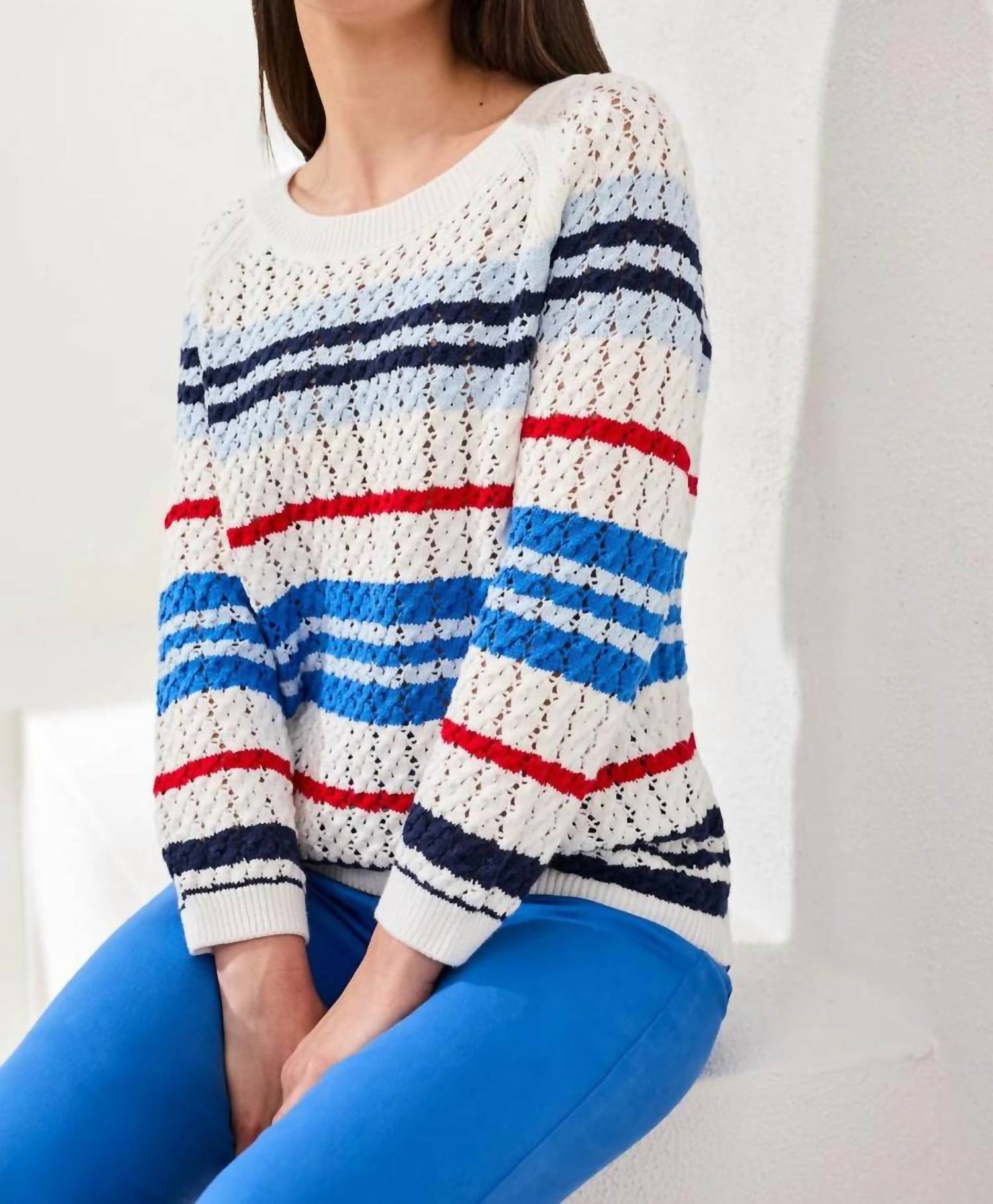 Tribal - Striped Crew Neck Sweater With Cable Detail