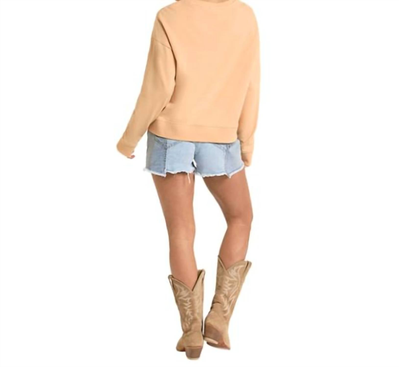 Rock & Roll Denim Horse Graphic Pullover Sweatshirt in tan - women's top - detail view