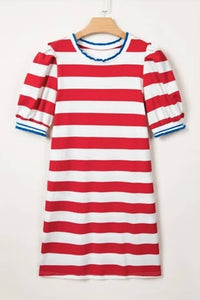 Shewin - Stripe Contrast Trim Round Neck Short Puff Sleeve Dress