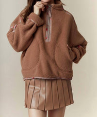 Peach Love Ditsy Floral Half Zip Sherpa Jacket in camel - women's jacket - detail view