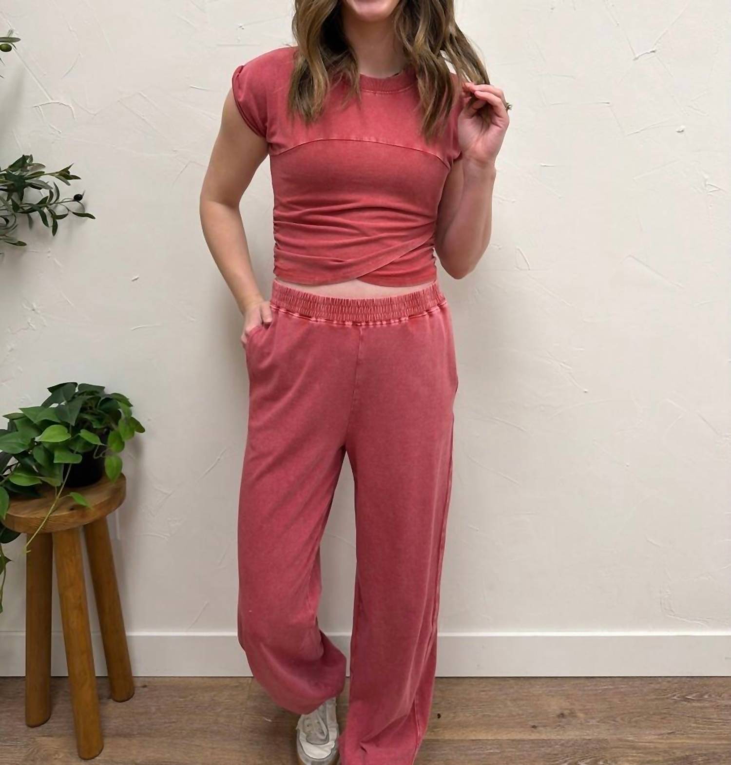 HYFVE 2 Piece Relaxed Fit Duo Top & Pants Set in red - women's sleepwear