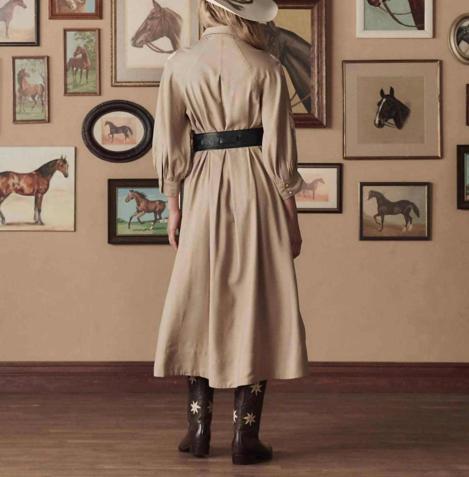 THE GREAT. Western Embroidered Herd Dress in soft tan with cream embroidery - women's dress - detail view