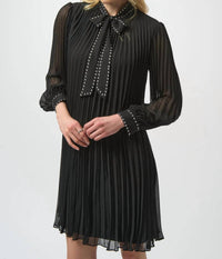 Joseph Ribkoff Studded Scarf Collar Long Puff Sleeve A-line Dress in black - women's dress - alternate view