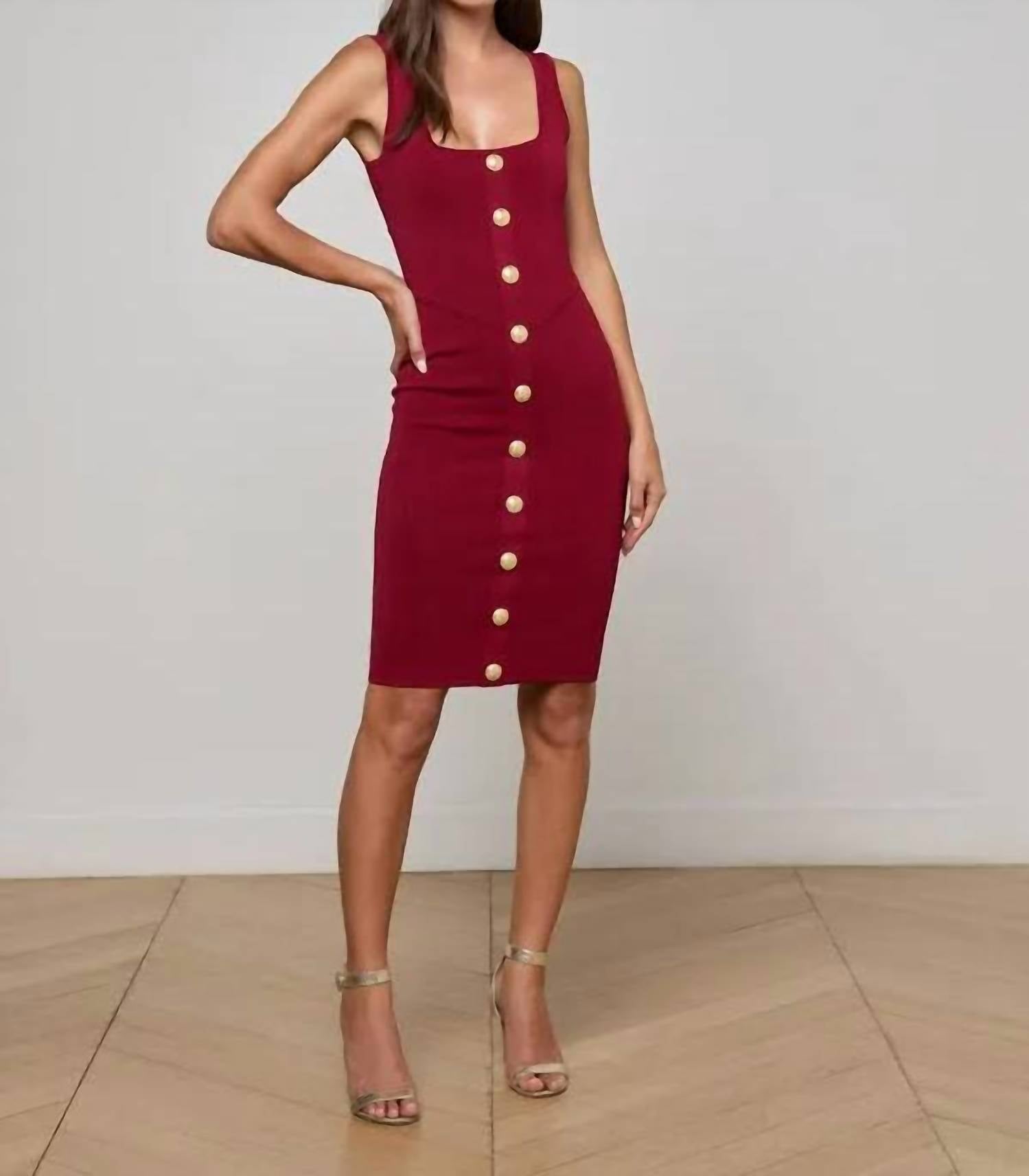 L'Agence Square Neck Knit Dress in merlot - women's dress - detail view