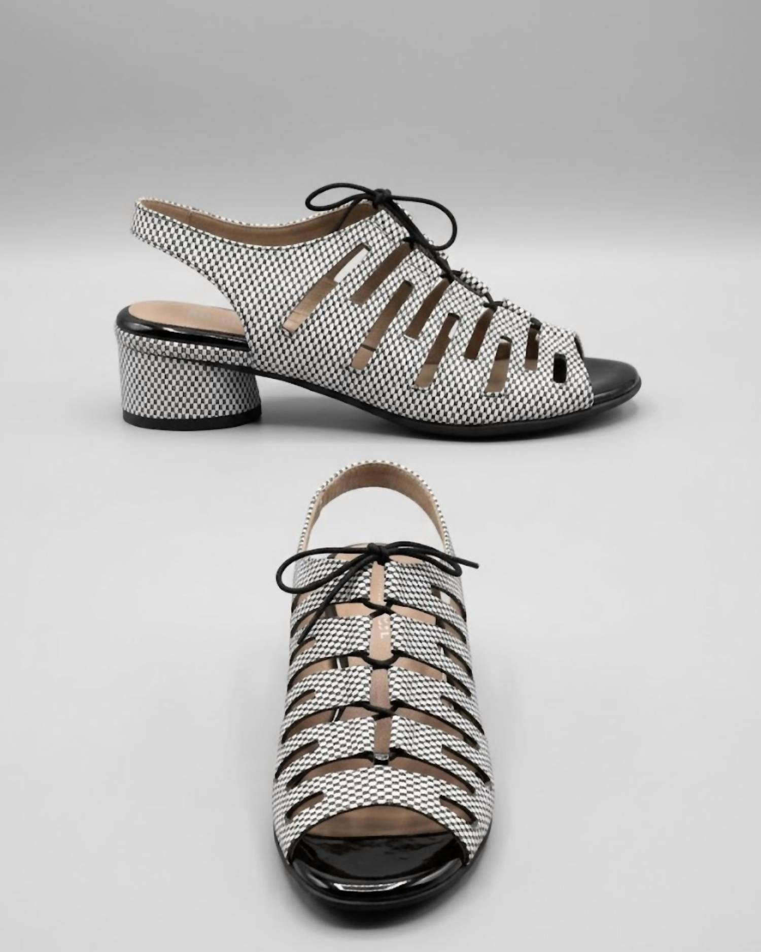 Beautifeel Women's Payton Lace-up Backstrap Sandal in black white riso print suede - women's sandal