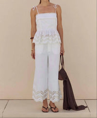 English Factory - Eyelet Trim Linen Wide Leg Pants