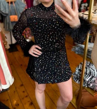 Queen Of Sparkles - Feather Sleeve Multi Rhinestone Sequin Romper