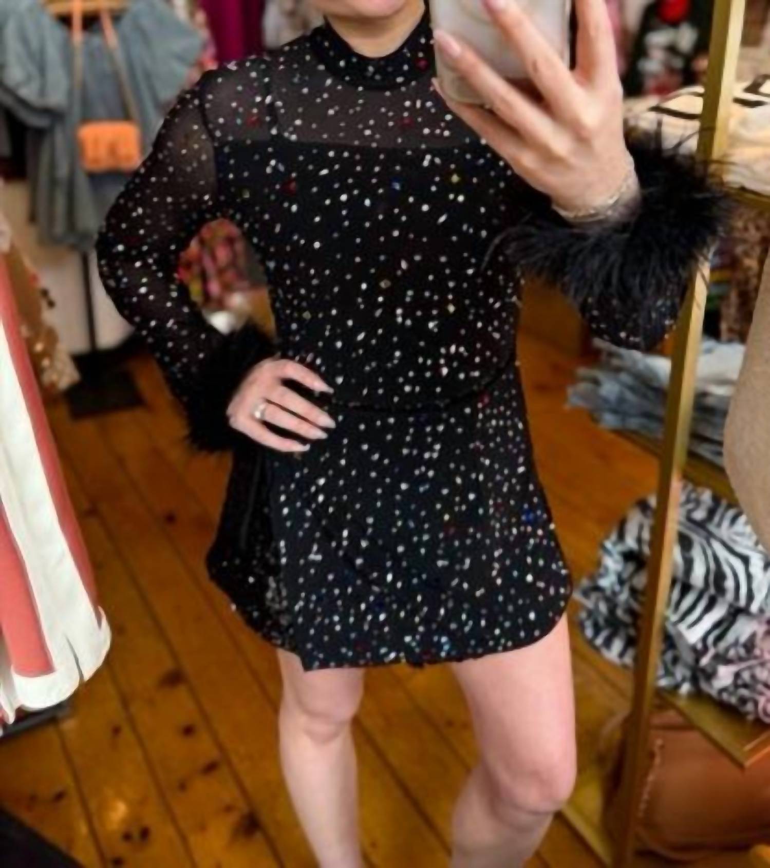 Queen Of Sparkles - Feather Sleeve Multi Rhinestone Sequin Romper