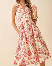 Pretty Follies Abstract Print V-neck Halter Midi Dress in burgundy - women's dress - detail view