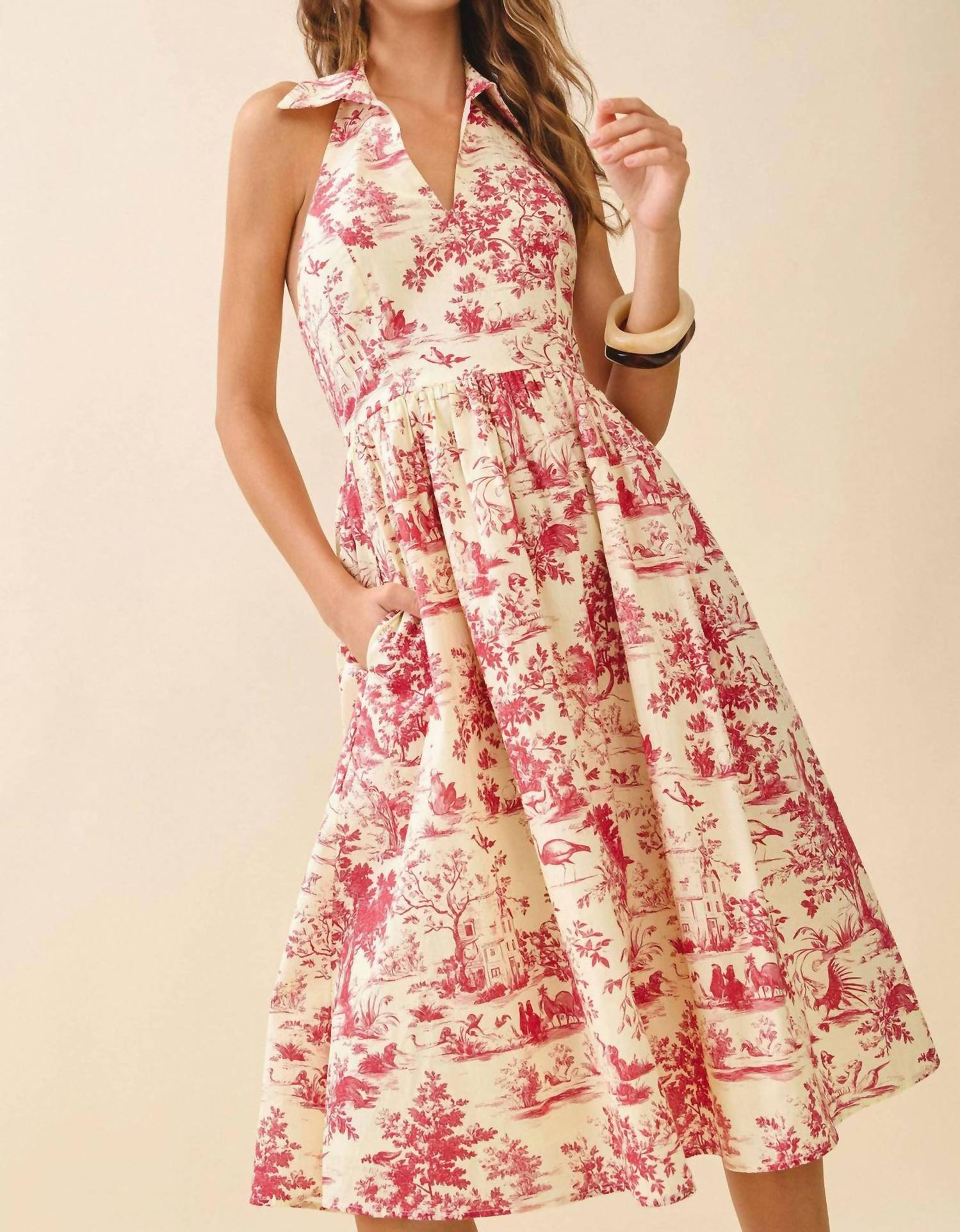 Pretty Follies Abstract Print V-neck Halter Midi Dress in burgundy - women's dress - detail view